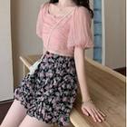 Puff-sleeve Crinkle Blouse / Floral Print Shorts