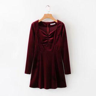Long-sleeve Ruched Front Velvet Dress