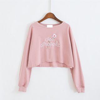 Long Sleeve Letter Embroidery Cropped T-shirt