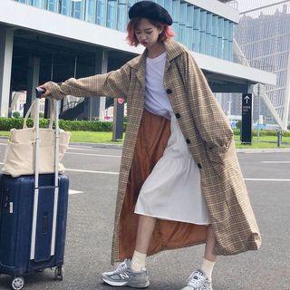 Plaid Single-breasted Trench Coat As Shown In Figure - One Size