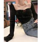 Long-sleeve Square-neck Slim-fit Knit Top Black - One Size