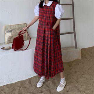 Short-sleeve Shirt / Plaid Midi A-line Pinafore Dress