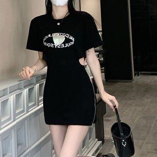 Short-sleeve Lettering Cutout T-shirt Dress Black - One Size