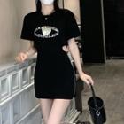 Short-sleeve Lettering Cutout T-shirt Dress Black - One Size