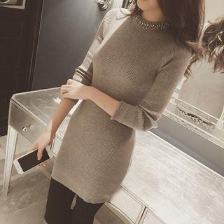 Rhinestone Long-sleeve Knit Mini Sheath Dress