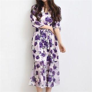 3/4-sleeve Floral Print Dress With Sash