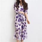 3/4-sleeve Floral Print Dress With Sash