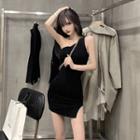 Asymmetric-shoulder Slit-front Minidress
