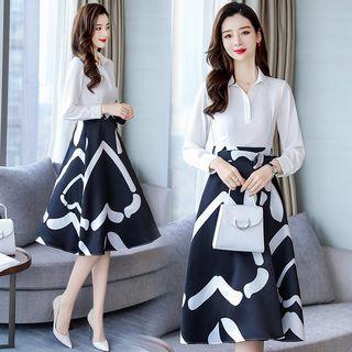 Set: Long Sleeve Plain Top + High Waist Pattern Midi Skirt
