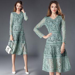 Long-sleeved V Neck A-line Plain Slim Lace Long Dress