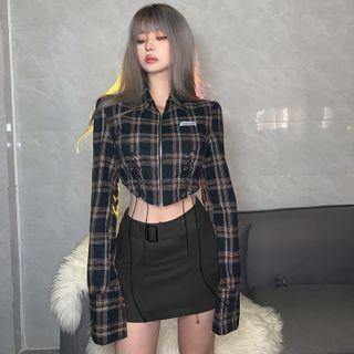 Long-sleeve Plaid Zip-up Crop Top