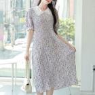 Lace-collar Pleated Floral Long Dress