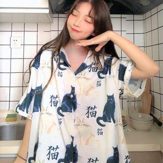 Printed Short-sleeve Oversized Button-up Shirt