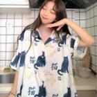 Printed Short-sleeve Oversized Button-up Shirt