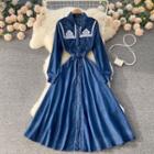 Retro Embroidered Long-sleeve Denim A-line Dress