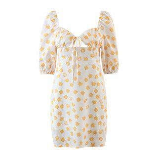 Puff-sleeve Floral Print Cutout Mini Sheath Dress