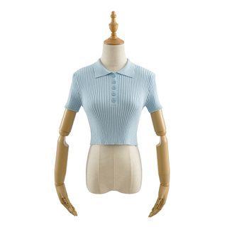 Short-sleeve Collar Ribbed Knit Top