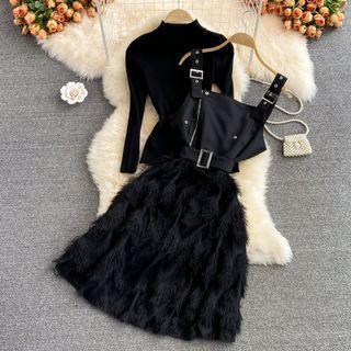 Set: Furry Jumper Dress + Mock Neck Knit Top