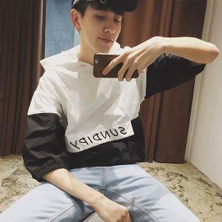 3/4-sleeve Gather-cuff Panel Hoodie