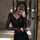 Long-sleeve Dotted T-shirt Black - One Size