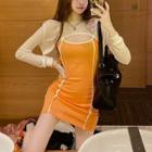 Set: Long-sleeve Cropped Top + Slim-fit Sleeveless Dress