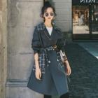 Double Breasted Notch Lapel Plaid Panel Trench Coat