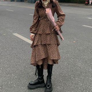 Long-sleeve Floral Asymmetrical Hem Dress Dress - One Size