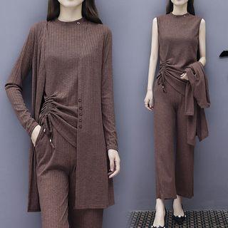 Set: Long Cardigan + Knit Tank Top + Wide-leg Pants