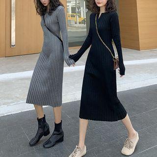 Long-sleeve Open-placket Midi Knit Dress