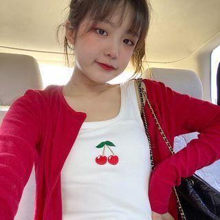 Cherry Embroidered Cropped Tank Top / Cropped Cardigan