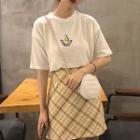 Set: Avocado Embroidered Short-sleeve T-shirt + Plaid Mini Straight Skirt