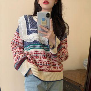 Pattern Print Panel Ruffle Trim Sweater Red & Blue - One Size