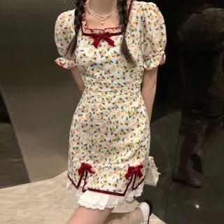 Puff-sleeve Floral Print Bow-accent Mini Dress