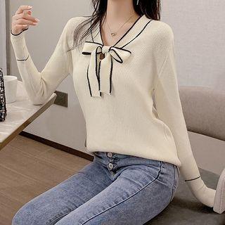 Long-sleeve Contrast Trim Ribbon Knit Top