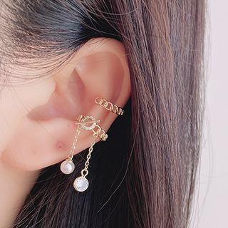Set : Faux Pearl Cuff Earring + Chain Alloy Cuff Earring Set Of 2 - Gold - One Size