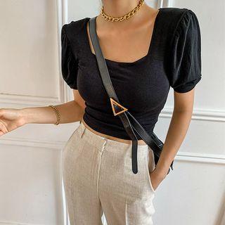 Square-neck Shirred-sleeve Crop T-shirt