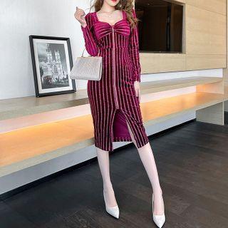 Striped Slit Midi Bodycon Dress