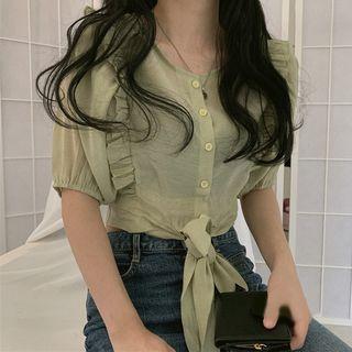 Ruffle-hem Short-sleeve Tie-waist Blouse Kiwi Green - One Size