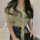 Ruffle-hem Short-sleeve Tie-waist Blouse Kiwi Green - One Size