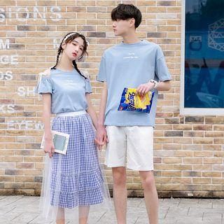 Couple Matching Short-sleeve T-shirt / Shorts / Overlay Plaid Midi Skirt