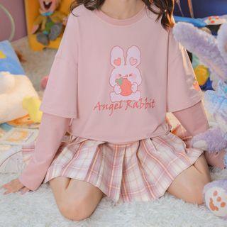 Mock Two-piece Rabbit Print Long-sleeve T-shirt