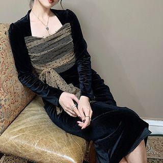 Dotted Mesh Panel Velvet Dress