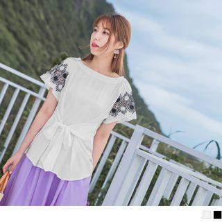 Floral Embroidered Tie-waist Top