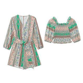 Puff-sleeve Floral Blouse / Long-sleeve Romper