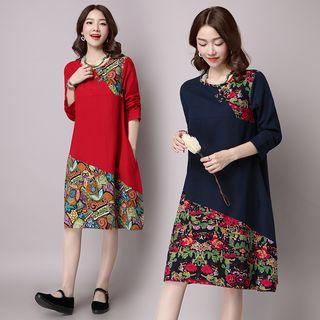 Printed Panel Long-sleeve Midi Dress