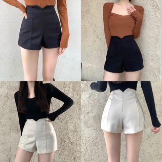Long-sleeve Square-neck Plain Slim-fit Top / High-waist Shorts