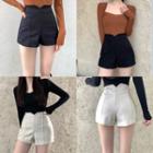 Long-sleeve Square-neck Plain Slim-fit Top / High-waist Shorts