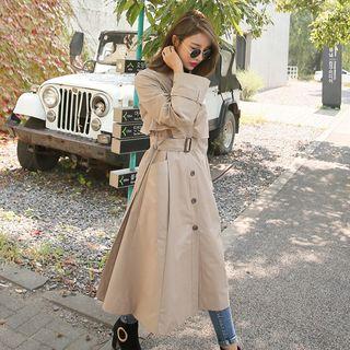Flap-front Long Trench Coat With Belt