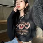 Heart Embroidered Cropped Sweater Black - One Size