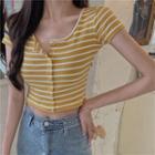 Short-sleeve Button Striped Knit Top Yellow - One Size